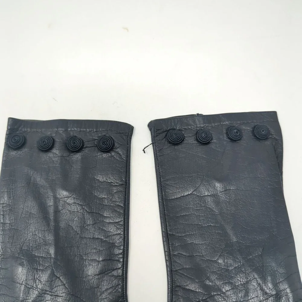 Vintage Antique Black Leather Gloves Wrist Rosettes